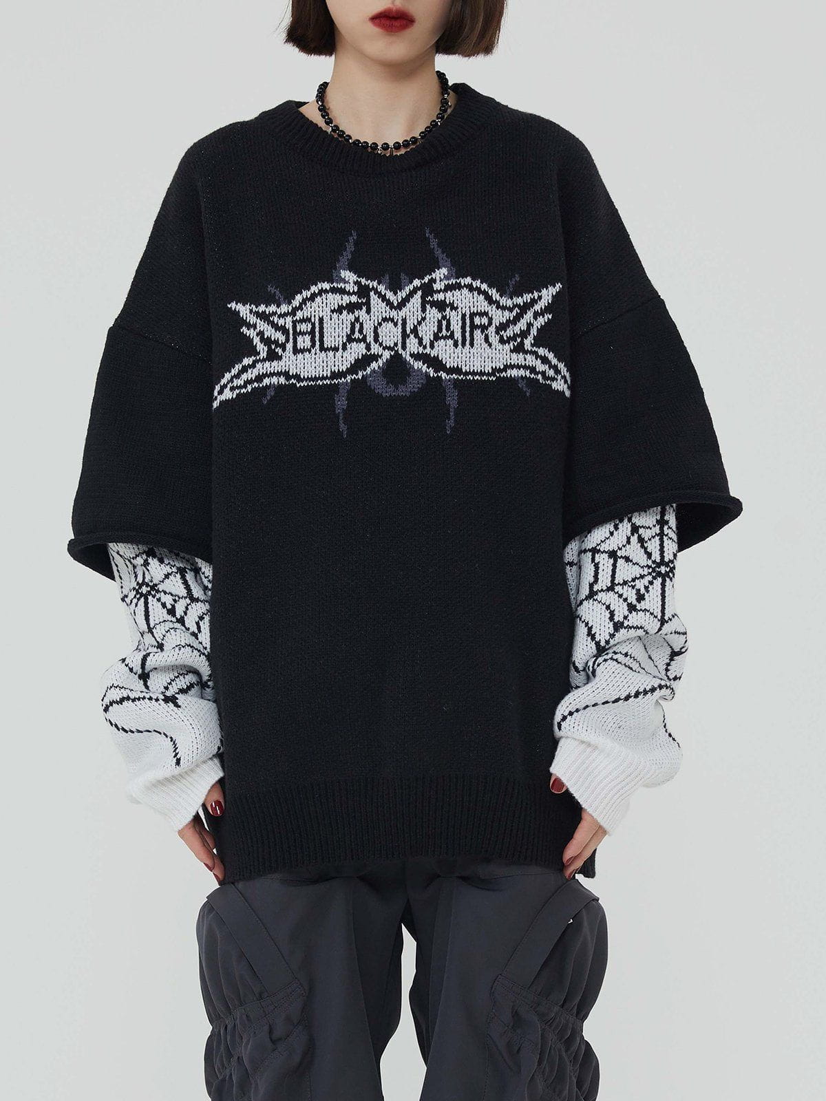Eprezzy® - Fake Two Spider Web Jacquard Sweater Streetwear Fashion - eprezzy.com