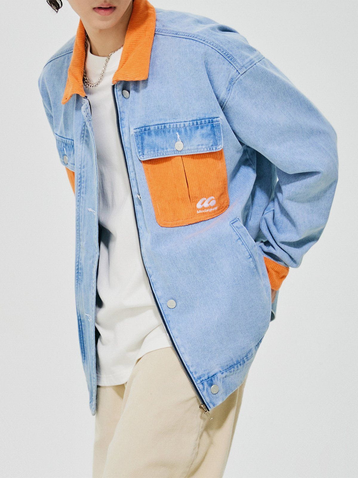 Eprezzy® - Orange Corduroy Patchwork Denim Jacket Streetwear Fashion - eprezzy.com