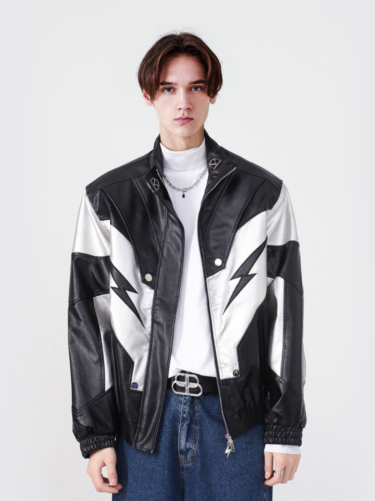 Eprezzy® - Racing Contrast Panel Lightning Leather Jacket Streetwear Fashion - eprezzy.com