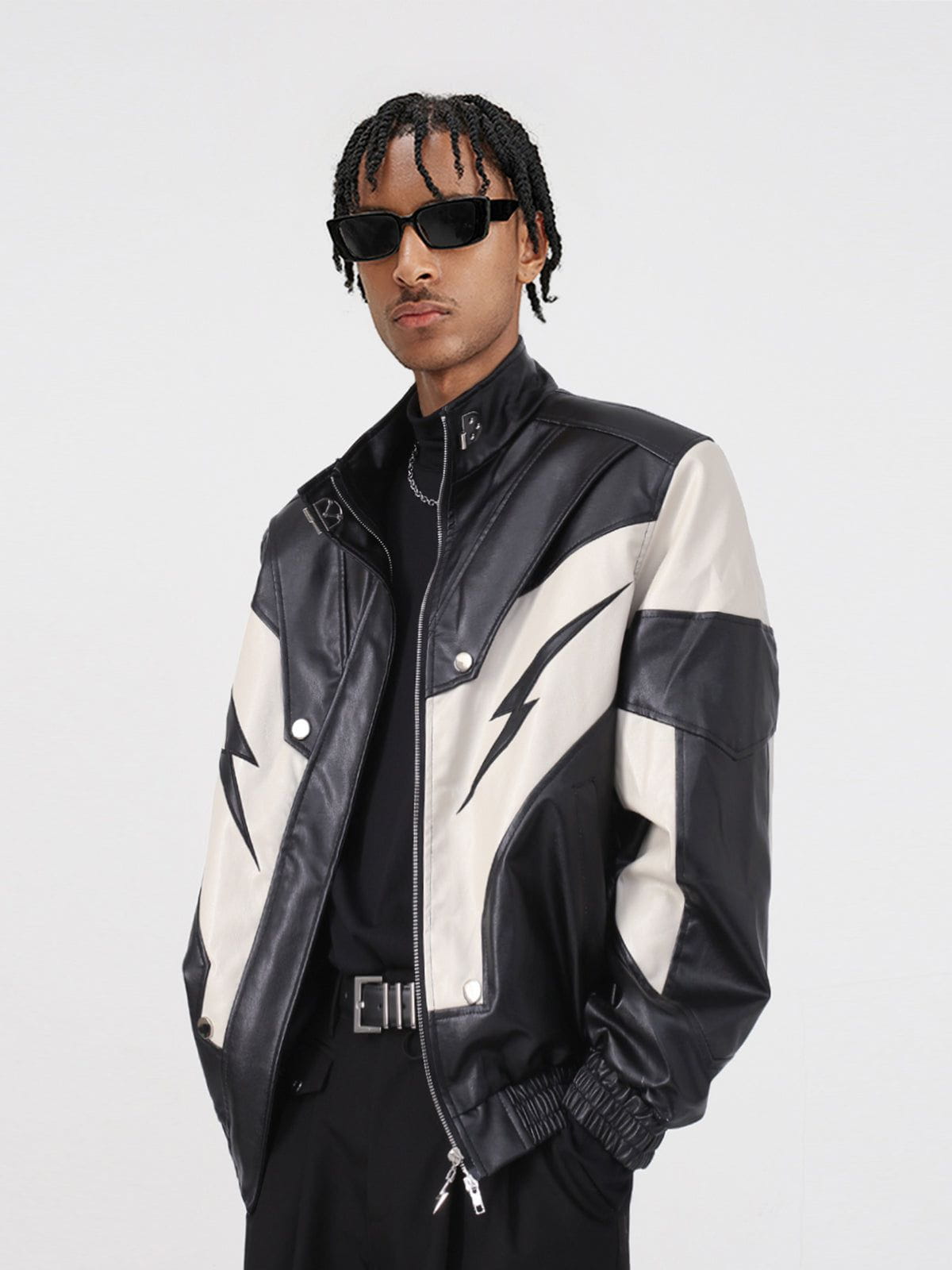 Eprezzy® - Racing Contrast Panel Lightning Leather Jacket Streetwear Fashion - eprezzy.com