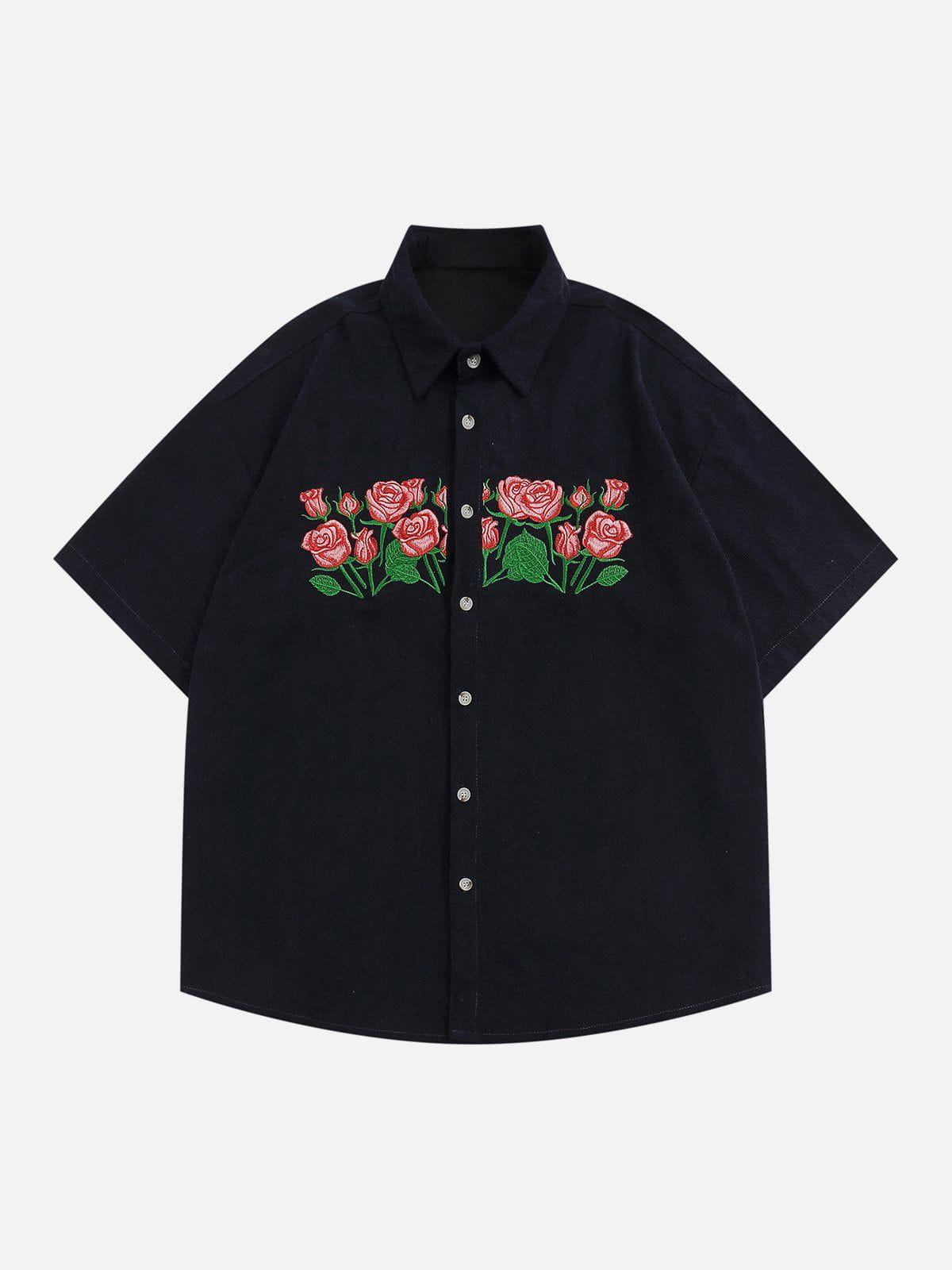 Eprezzy® - Rose Embroidered Corduroy Short Sleeve Shirts Streetwear Fashion - eprezzy.com